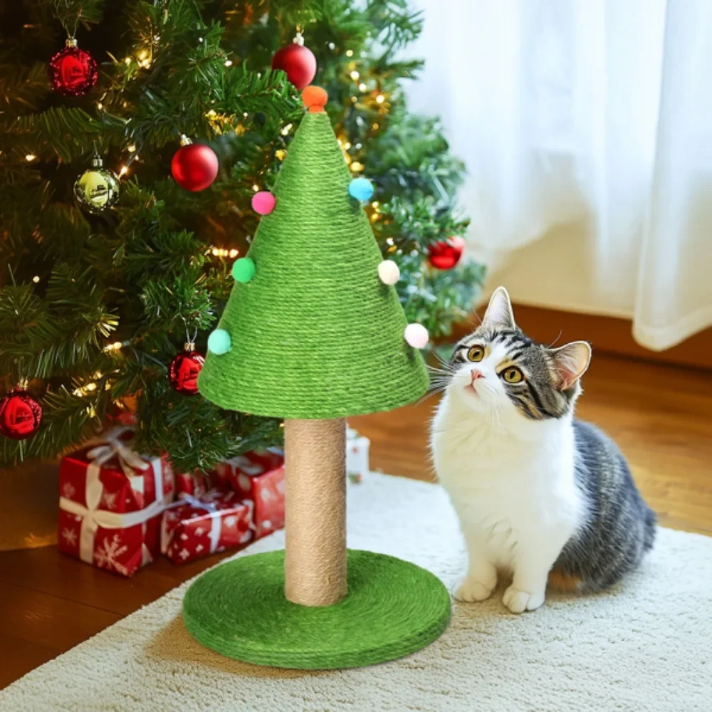 

25in Christmas Tree Scratching Post, Cute Cat Scratcher with Natural Sisal Covered Frame & Colorful Little Balls for Indoor Cats