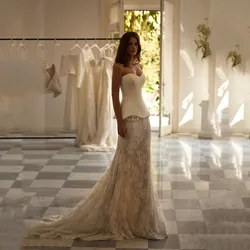 Customized Elegant 2-piece Lace Appliques Mermaid Wedding Dresses Sexy Open Back Lace Up Floor Length Simple Strapless Gown 2026