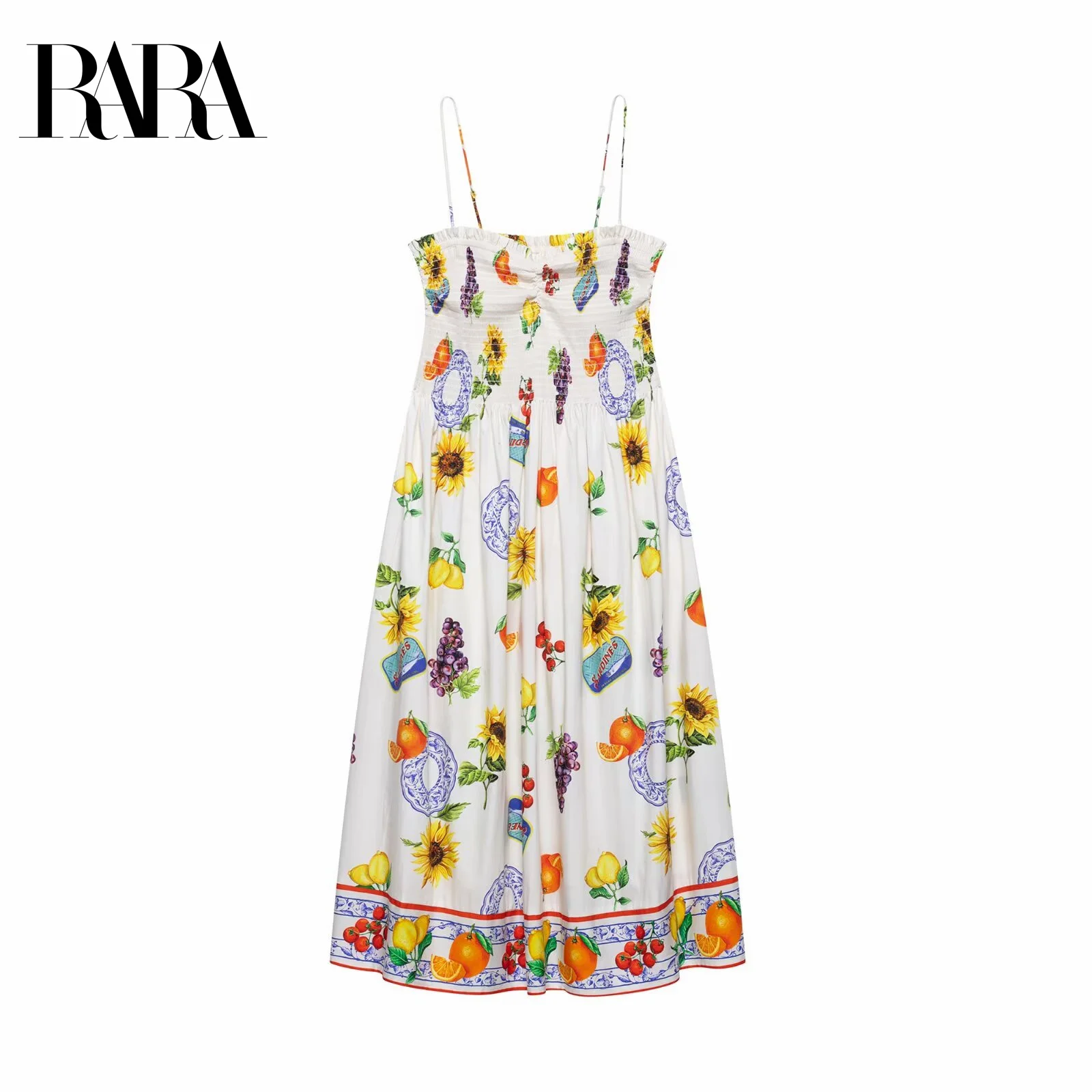 

RARA Ladies Sleeveless Spaghetti - strap Square - neck Printed Dress with Elastic Pleat Decoration Stylish and Elegant