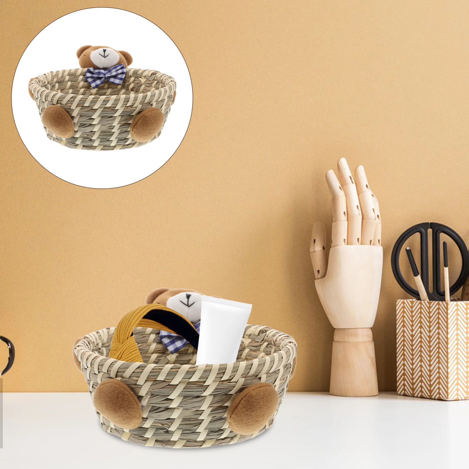 

Adorable Bear Shaped Wicker Basket Spacious Handwoven Straw Storage for 's Room Home Decor Organizing Crafts Blankets