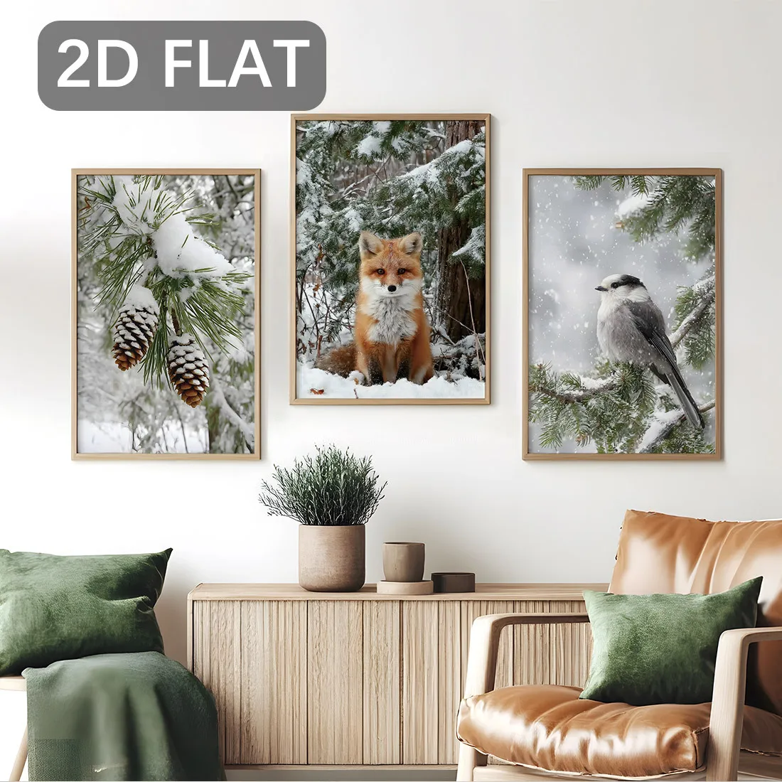 2D plat, 3 pièces ensemble minimaliste moderne hiver pin et animaux Photos toile mur Art, décor esthétique artistique moderne pour Livi