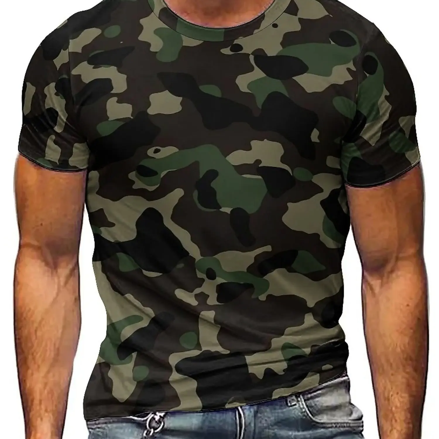남성용 카모 3D 프린트 반소매 티셔츠 - 통기성, 신축성 있는 원단, 라운드 넥, 흑백 기하학 패턴