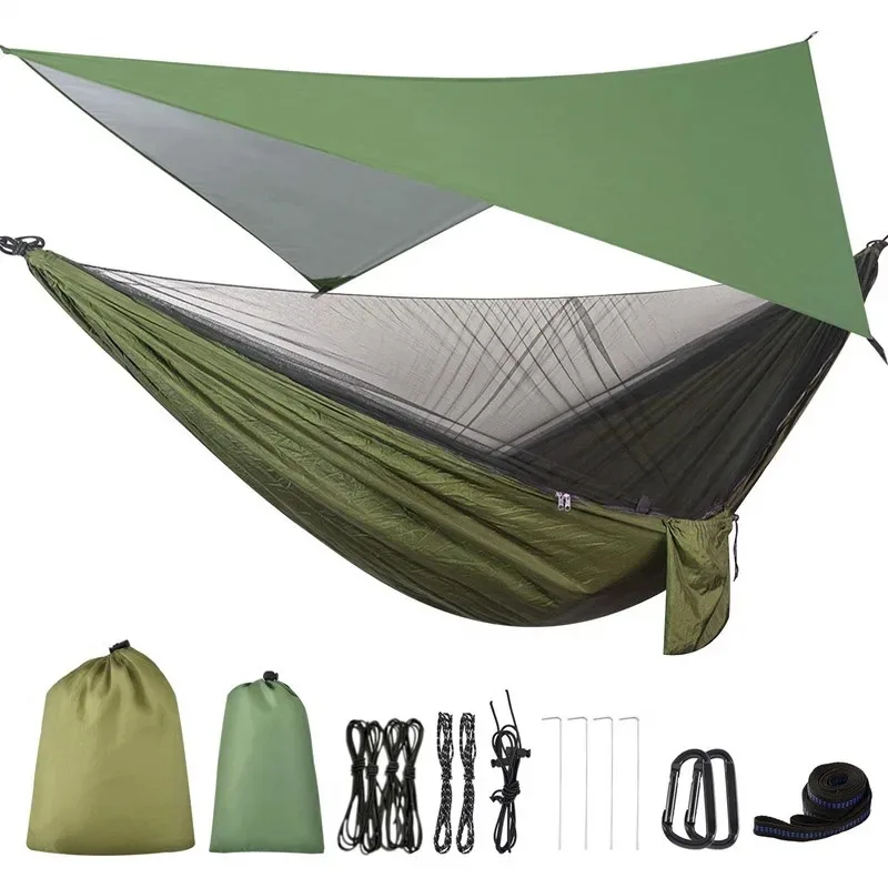 

Camping hammock with mosquito net and canopy, portable nylon hammock, rain fly, tree straps, for hiking, camping, survival, trav