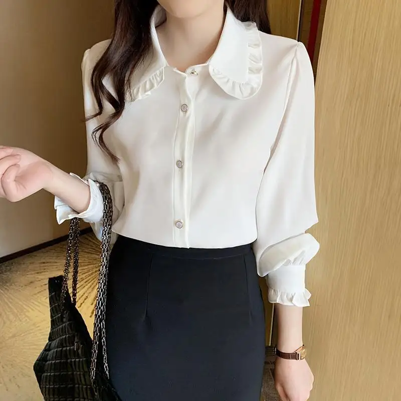 Büro Dame Weiß Alle-spiel Jugend Hemd Tops Frühling Herbst Langarm Adrette Lose Bluse Mode Koreanische Frauen kleidung