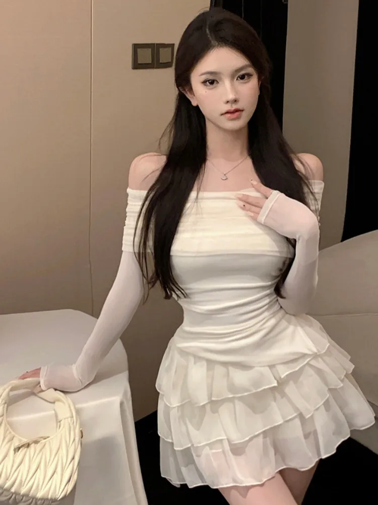 

Early Autumn Spicy Girl Set One Shoulder Top Slim Long Sleeve T-Shirt Women's Puffy Cake Short Skirt Two Piece Set Korean Style