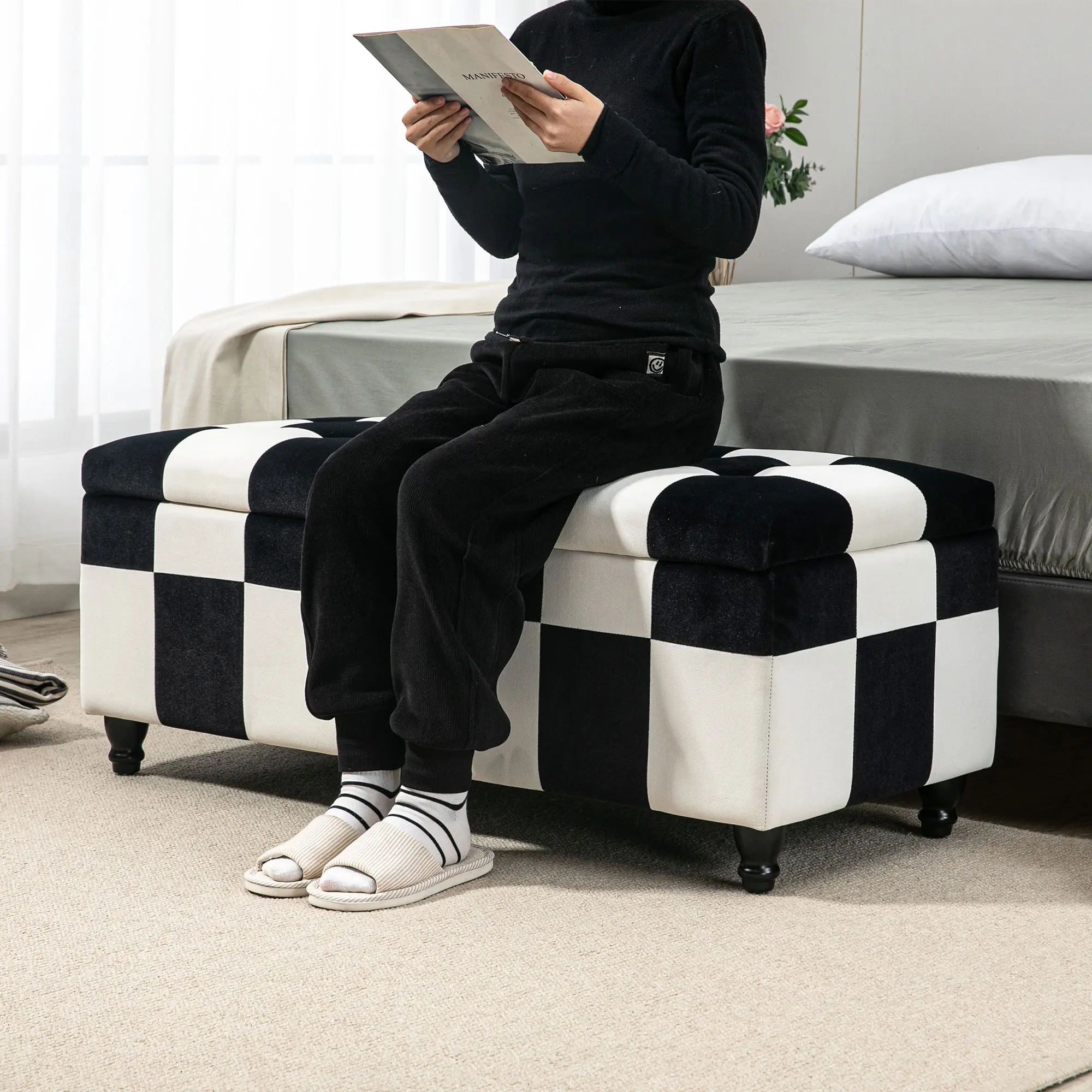 HOMCOM 114 x 47 x 47cm Velvet Storage Ottoman, Button-tufted Footstool Box