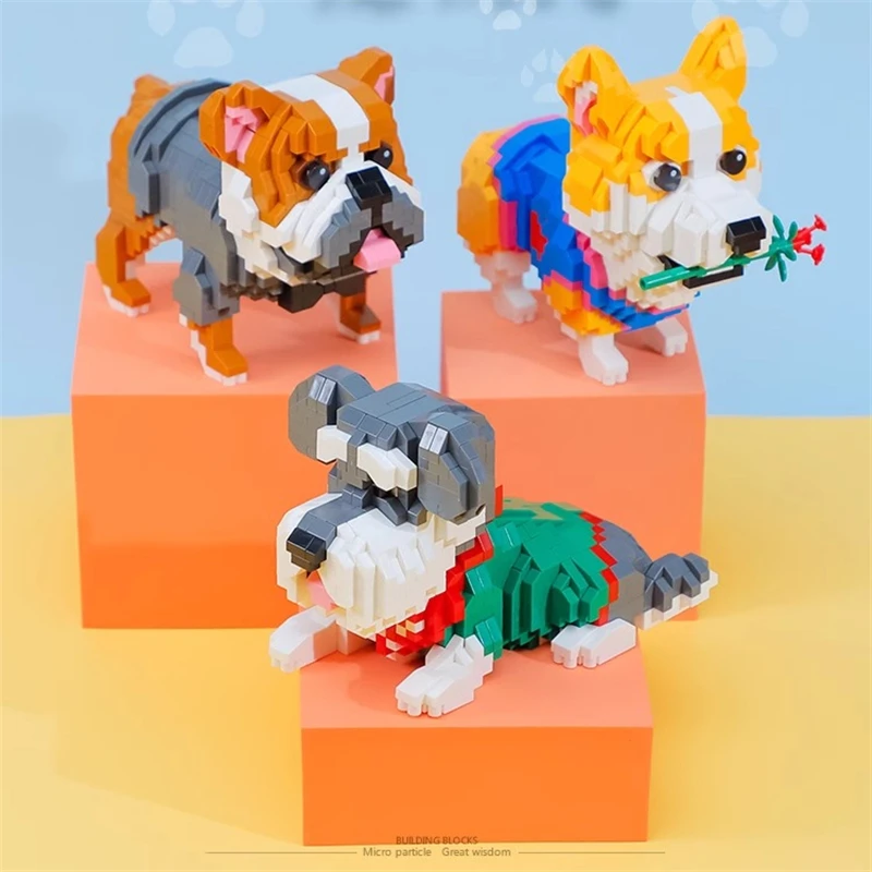 BALODY pet dog building blocks welsh corgi pembroke French Bulldog model Standard Schnauzer figure animal ornament birthday gift