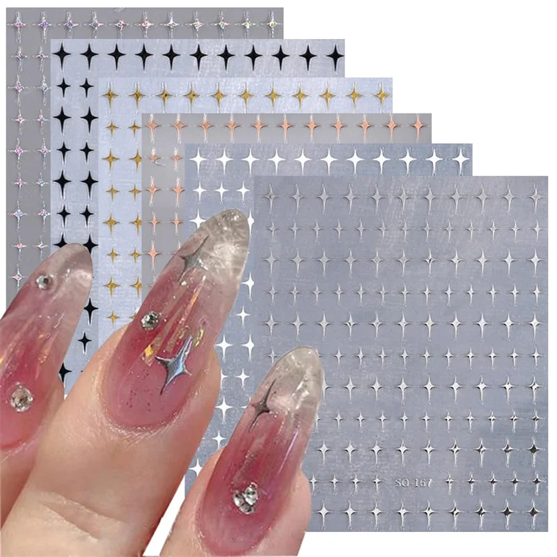 Silver Star Nail Art Stickers Laser Metallic Starburst Star Shape Adhesive Backed Nail Decals Manicure Charm Foils Decoration