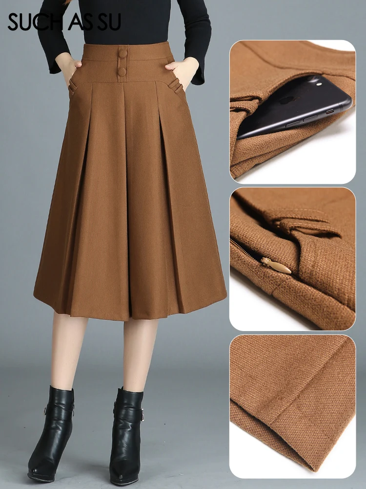 SUCH AS SU 4 Colors New 2024 Women Black Brown Grey Wine Red Button High Waist Pleated Skirt Female Mid-Long Pockets Skirt 5813