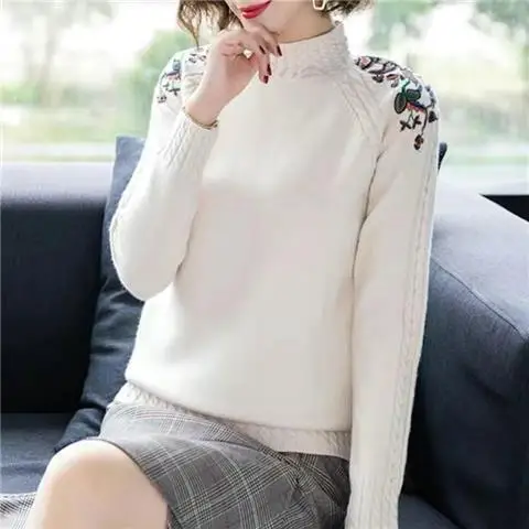 Embroidered Flowers Mock Neck Women Sweaters Fall Winter Thick Warm Pullover Slim Tops Ribbed Knitted Sweater Soft Pull D123