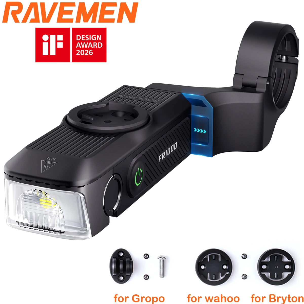 RAVEMEN FR1000 Bike Headlight For Garmin Wahoo Bryton IGPSPORT GPS Rechargeable Bicycle Front Light and Bracket Design +AGM04