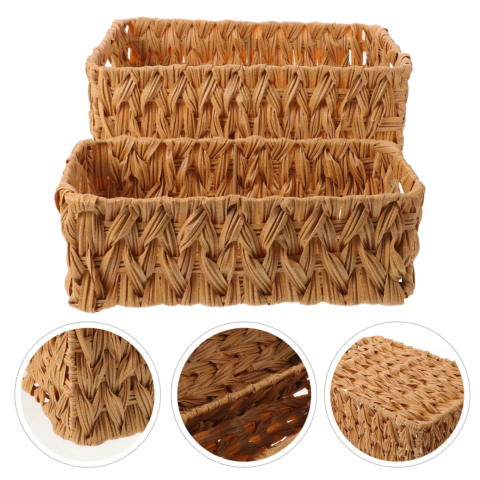 

2Pcs Beige Imitation Rattan Woven Storage Baskets Desktop Organizer Box Multipurpose Office Makeup Stationery Storage Bins