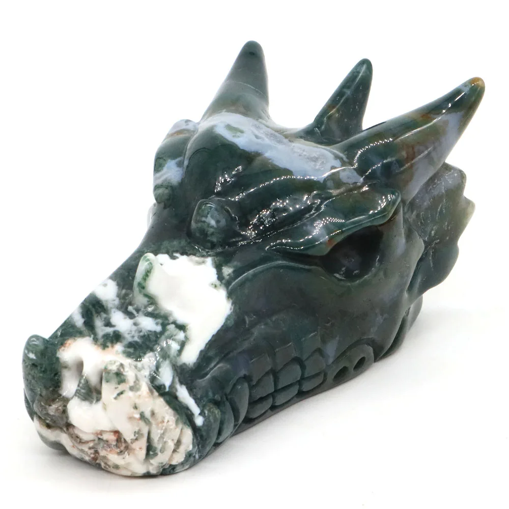 

4.1" Dragon Head Statue Natural Stone Green Moss Agate Reiki Healing Crystal Hand Carved Gemstone Figurine Feng Shui Home Decor