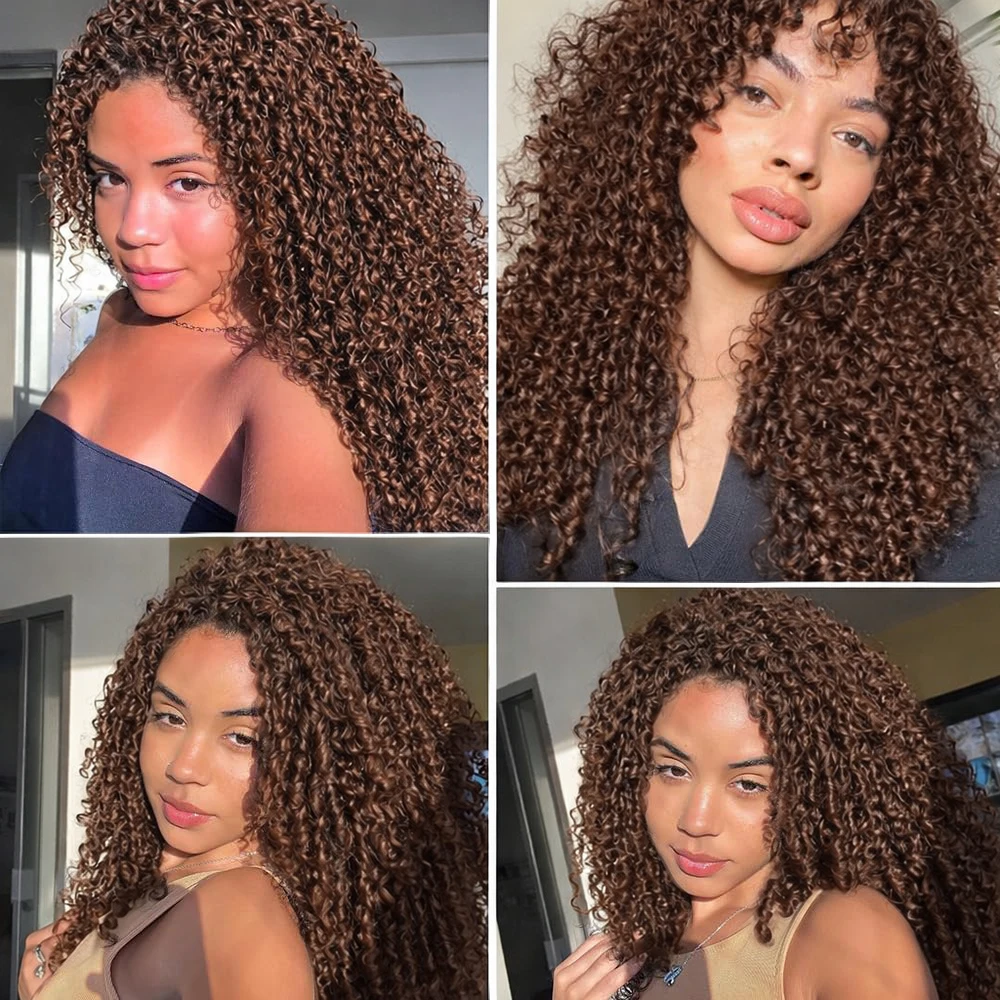 Bruin Kinky Curly Crochet Haar Voorgeknipt Birmees Krullend Veer Crochet Haarverlengingen Naadloos Onzichtbaar Voor Vlechten