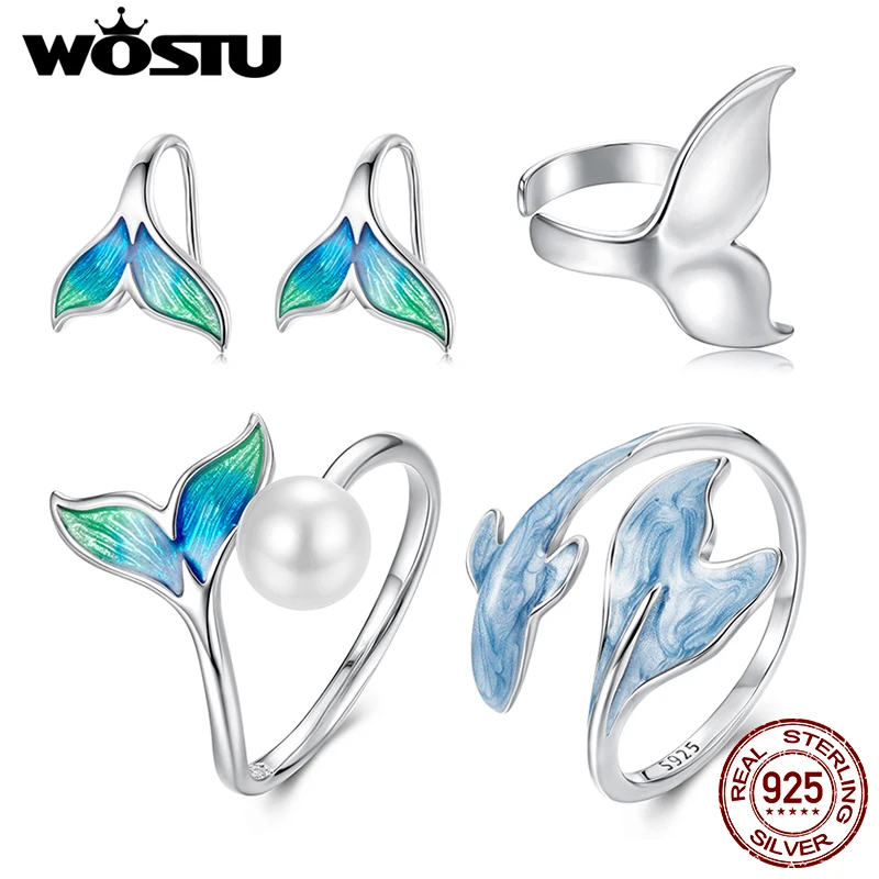 

WOSTU 925 Sterling Silver Mermaid Guppy Open Ring Fish Earrings Blue Sea Ocean Sweet Elegant for Women Engagement Jewelry Set