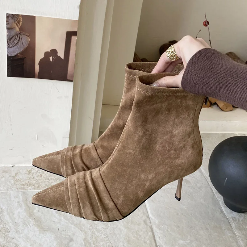 

Eilyken Sexy Design Pleated Woman Ankle Boots Fashion Thin High Heels Shoes Sexy Party Banquet Zipper Botas De Mujer