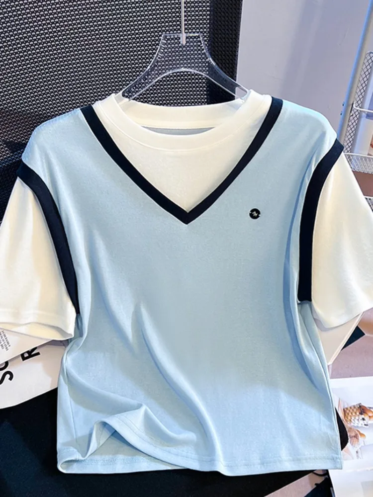 

Summer Women's Loose ort Sve T-irt Fake Two-Piece Patchwork Color Blo Top Breathable Cotton Korean Sle round Ne