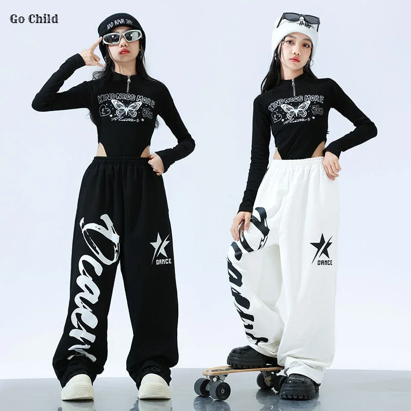 Girl Hip Hop Crop Top Letter Cargo Pants Children Stage Costumes Kids Streetwear Jazz K-pop Street Dance Girl Group Clothes Sets