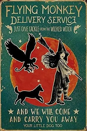 Witch Dog Flying Monkey Delivery Service Halloween Tin Sign Retro Style Miller Beer Bar Den Halloween Painting Metal Gift for Fr