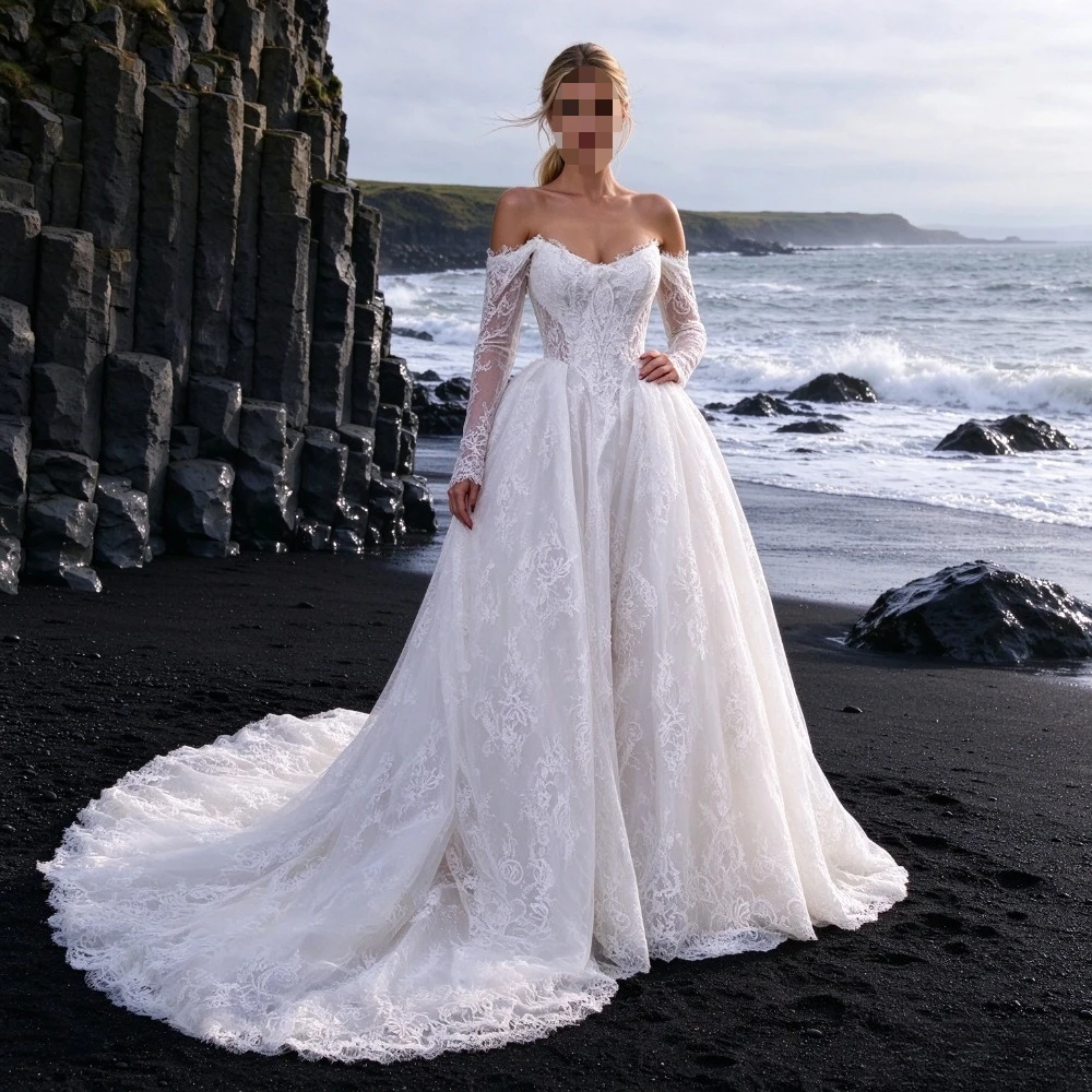 Customized Lace Off Shoulder Long Sleeved Strapless White Wedding Dress 2026 Large Tail A-line Bridal Gown Suitable for Beach