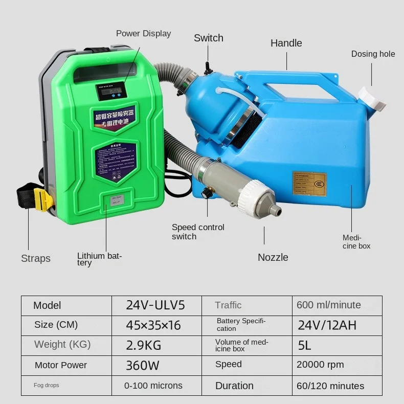 For Handheld Electric Ultra-Low Capacity Sprayer 5L Aerosol Disinfection Lithium Battery ULV Spray Insecticide