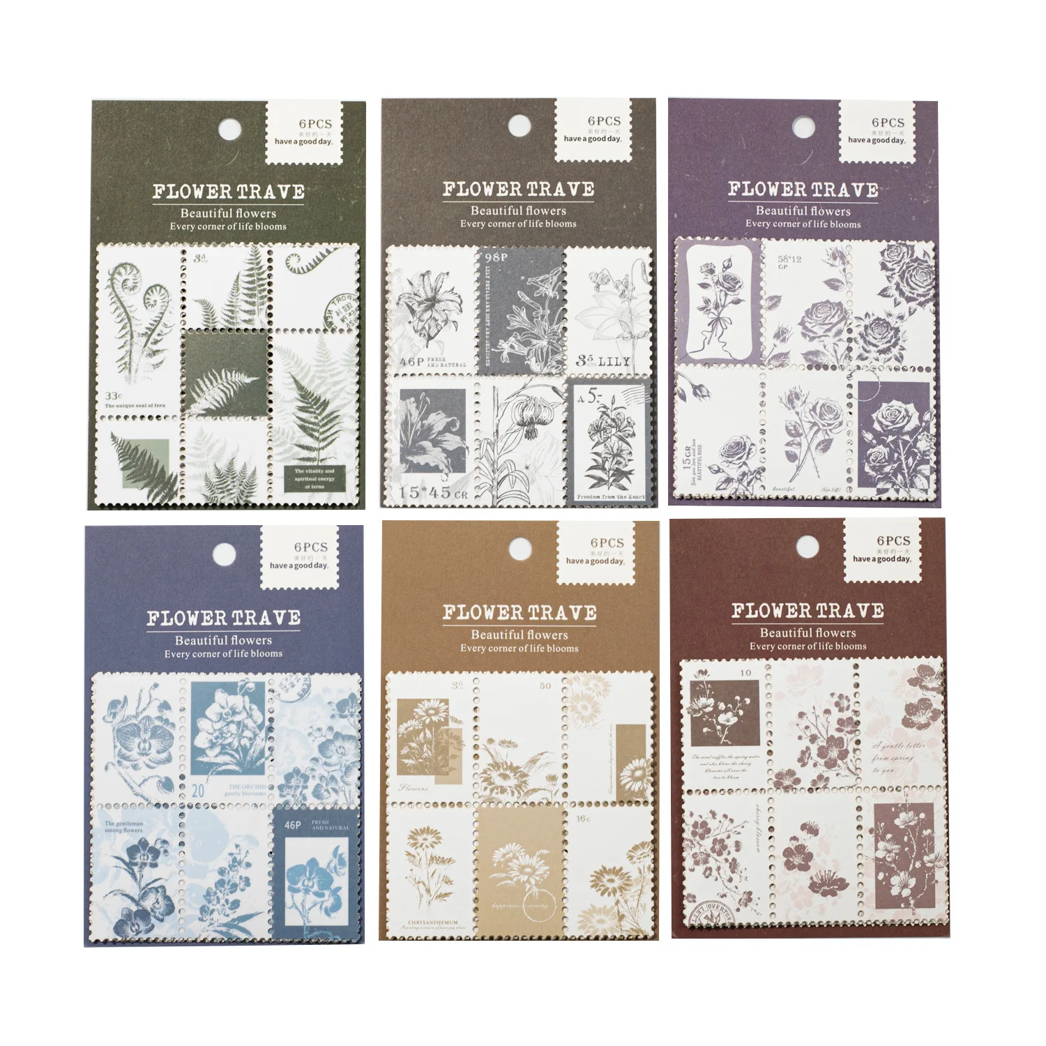 

6packs/lot Kawaii Stationery Stickers flower tourism Junk Journal Paper stickers Planner Decorative stickers