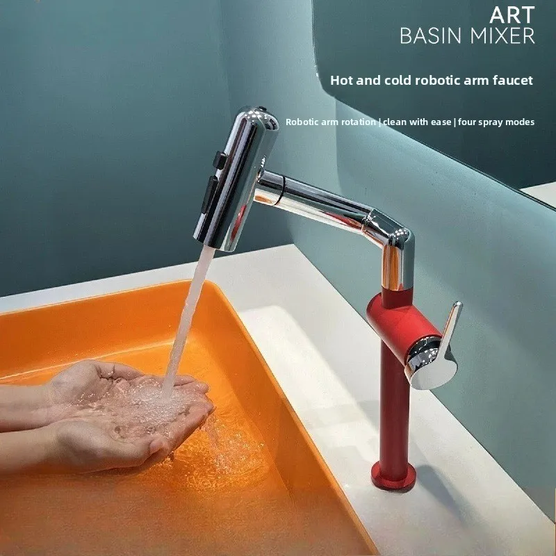 All-Copper Lucky Cat Faucet with Robotic Arm, Bathroom Vanity Basin Mixer Tap for Tabletop Wash Basin