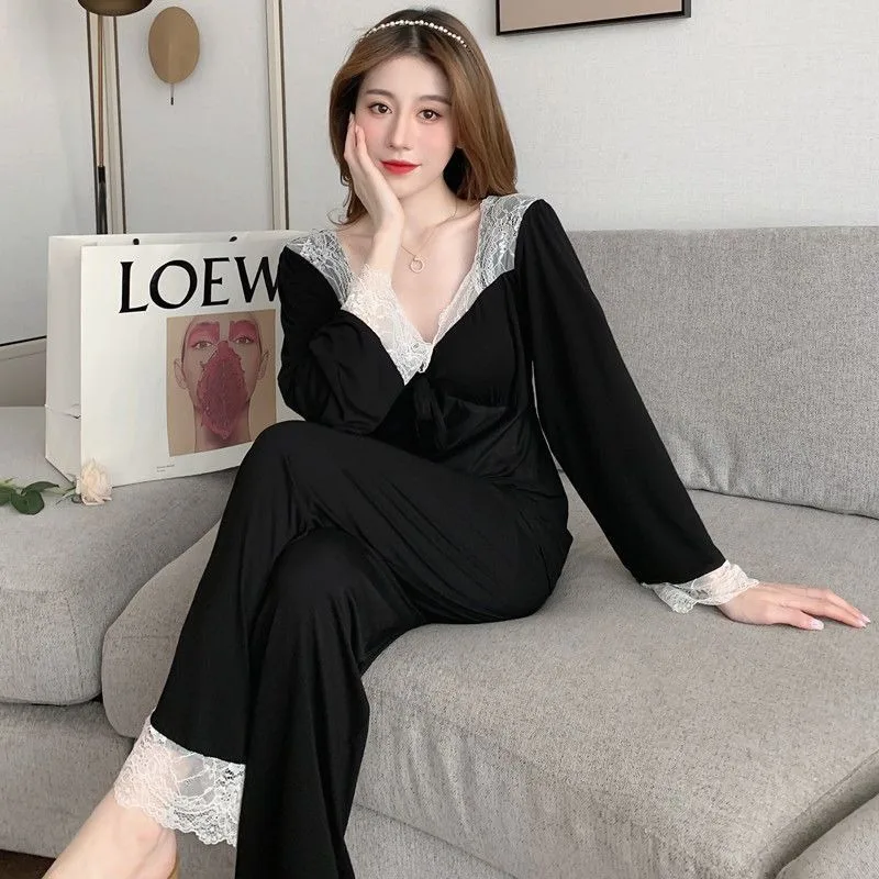 Loose Loungewear Chest Pad Set Can Worn Outside Pajamas Women  Spring Autumn Net Red Pure Desire Wind Sex Appeal Lace Large Size