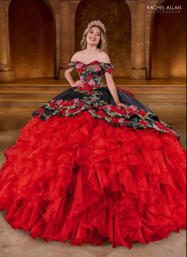 فساتين Quinceanera مكشكشة من الزهور المكسيكية ، مشد الأميرة مكشوف الكتفين ، زين تطريز وردي وأبيض ، 15 ، 25