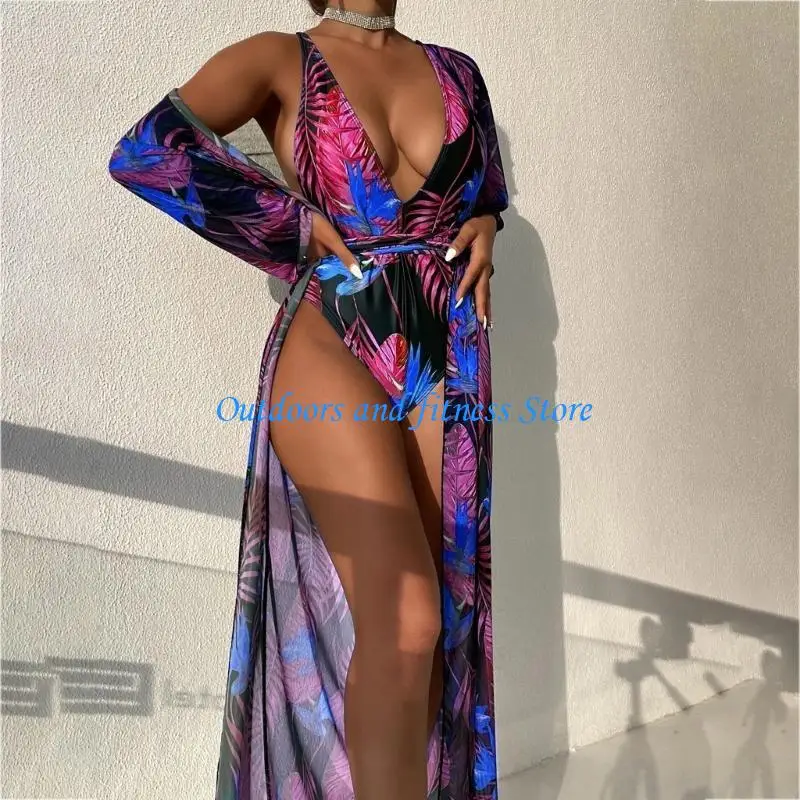 

H053 Womens Swimsuit with Kimono Cover Up Girls Back Bathing Suit Floral Print Bikinis Swimwear for Beachwear