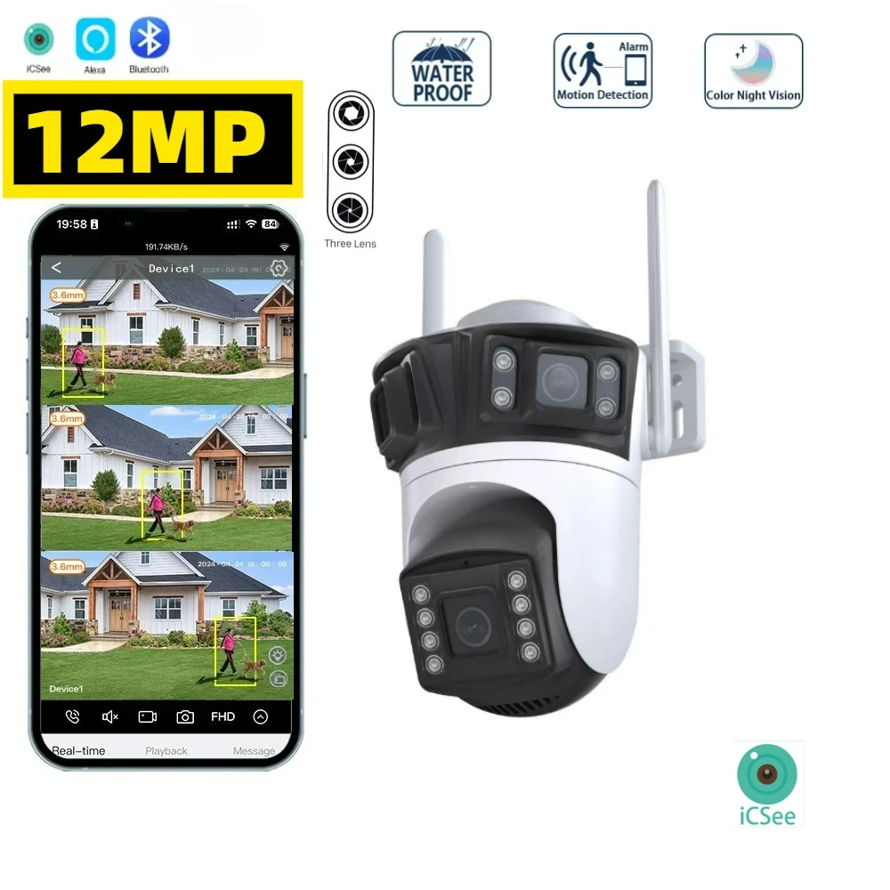 

6K 12MP 6MP HD Трехэкранная Wi-Fi IP-камера Открытый три объектива Ai Обнаружение человека Водонепроницаемая камера видеонаблюдения iCsee