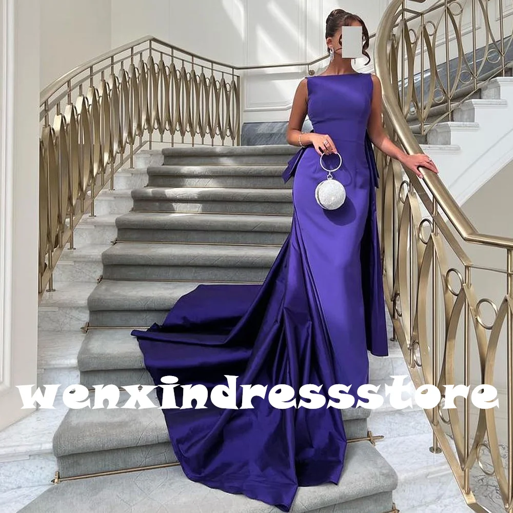 Purple Floor Length Sleeveless Straight Boat Neck Jersey Strapless Pleats Panel Train Dresses For Formal Occasions Elegant 2024