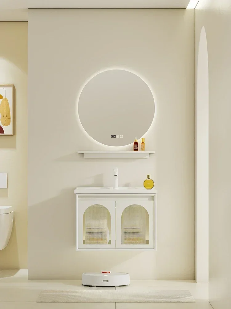 Rubber, wooden, moisture resistant, cream bathroom cabinet with wind, ceramic integrated sink, face wash table