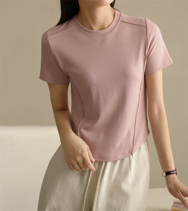 Women\'s T Shirts Solid Color Round Neck Short Sleeve Slim T shirt Women 2024 Summer Age Reduction Tops