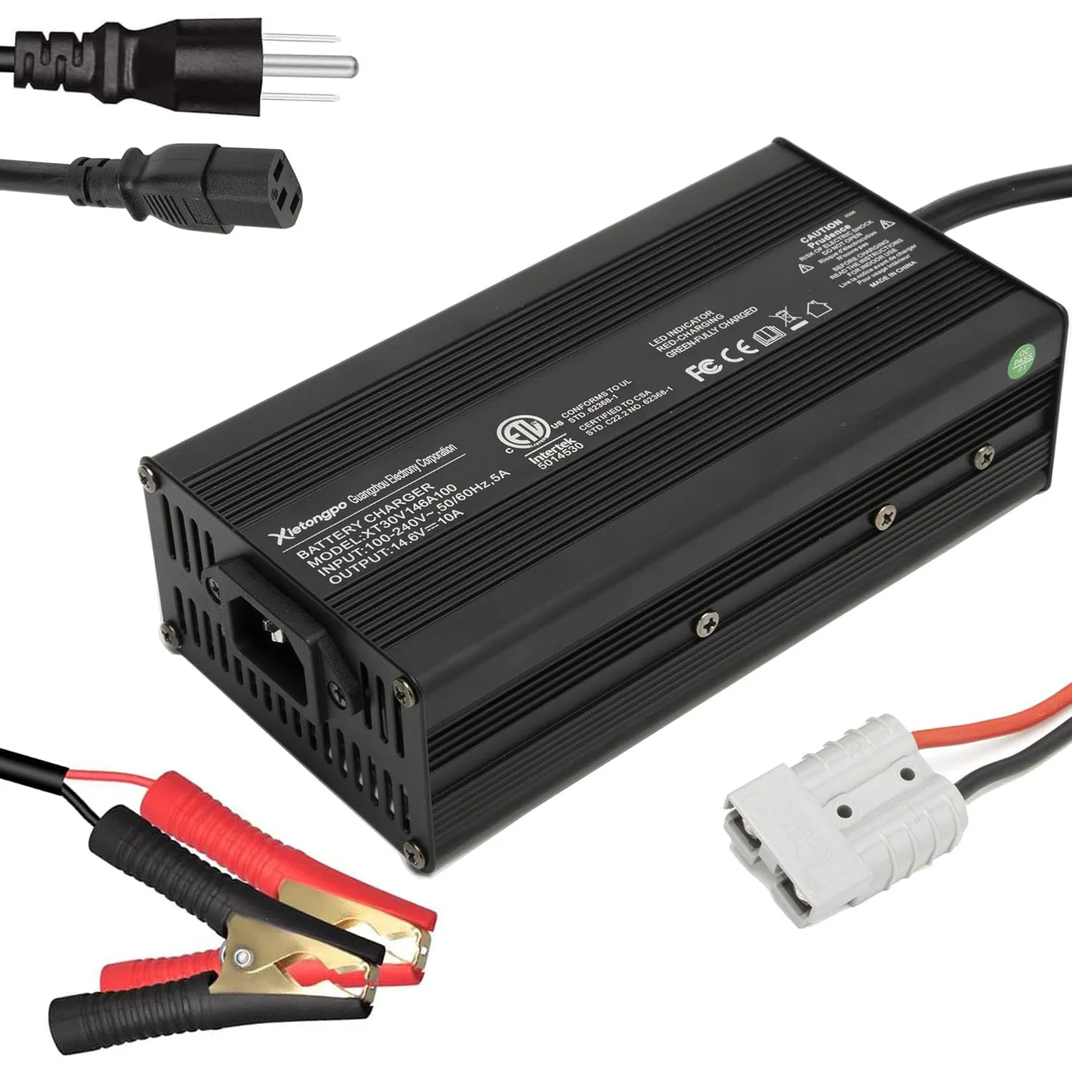 14.6V 10A LiFePO4 Battery Charger, 12V 4-String Lithium Smart Charger with Anti-Spark & Active PFC, Wide 90-264V AC for RV/Deep Cycle, Anderson to Alligator Clips