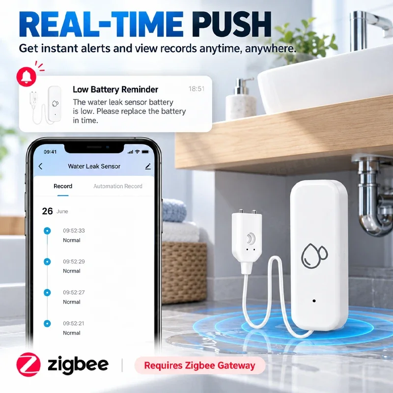 Zigbee Smart Water Leak Sensor Flood Detector Smart Home Systems 24/7 Monitoring For Basement Kitchen Bathroom Gateway Required