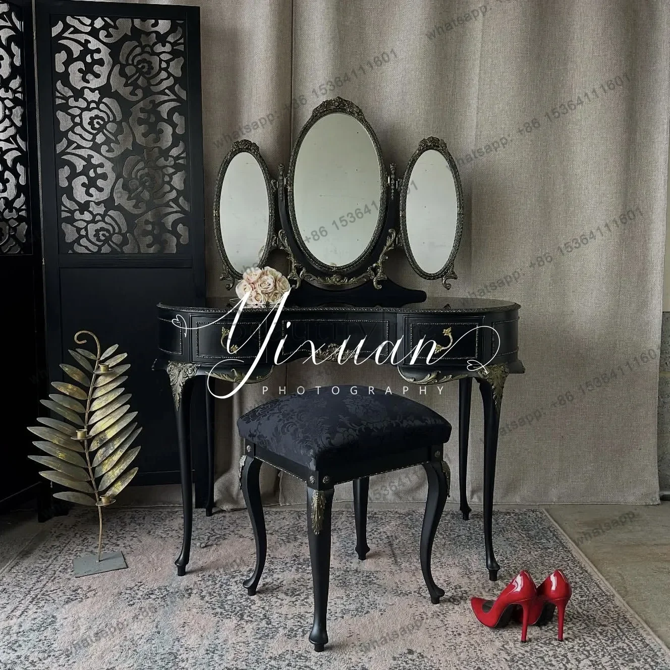 YJ French Solid Wood Vintage Vanity Table with Mirror for Bedroom, Rustic Multi-Functional Storage Dresser