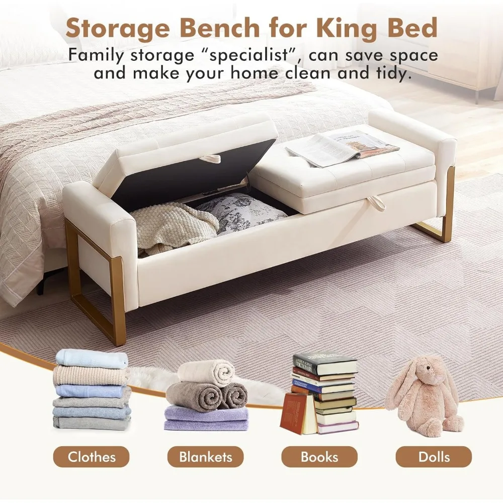 67 نهاية مقعد السرير بحجم كينج، مقعد تخزين مخملي لغرفة النوم، مقعد تخزين مزدوج الأغطية بأرجل ذهبية، منجد