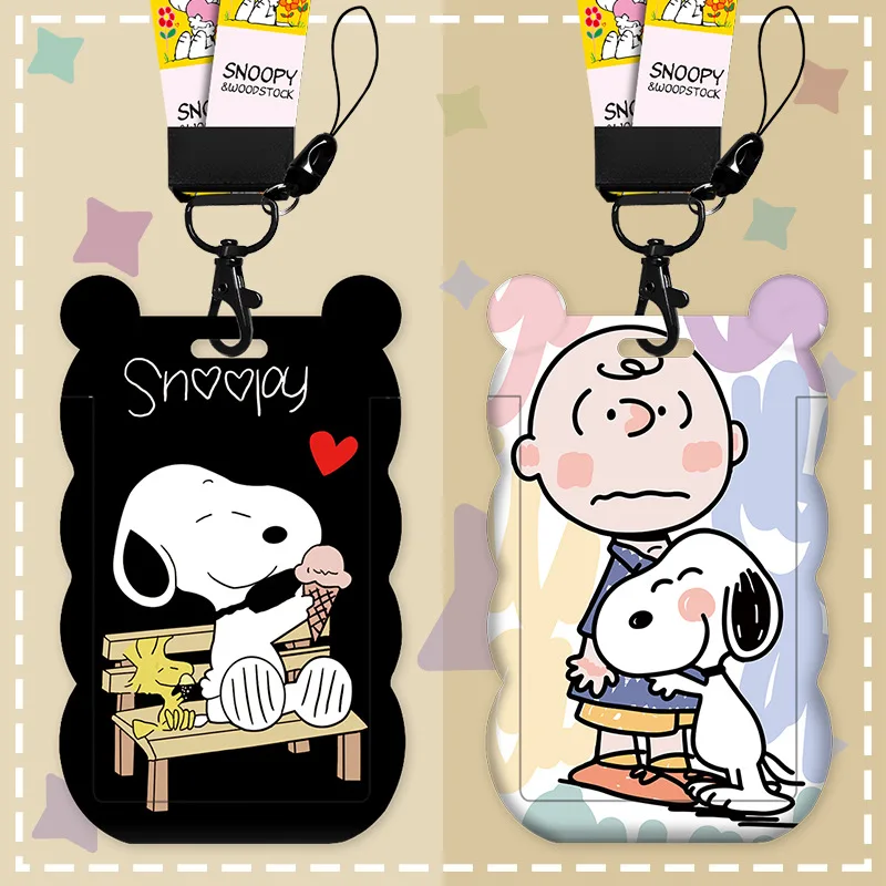 Cute Snoopy Cartoon PVC Card Holder Neck Lanyard Long Rope ID Card Cover Subway Passport Case Wholesale card holder