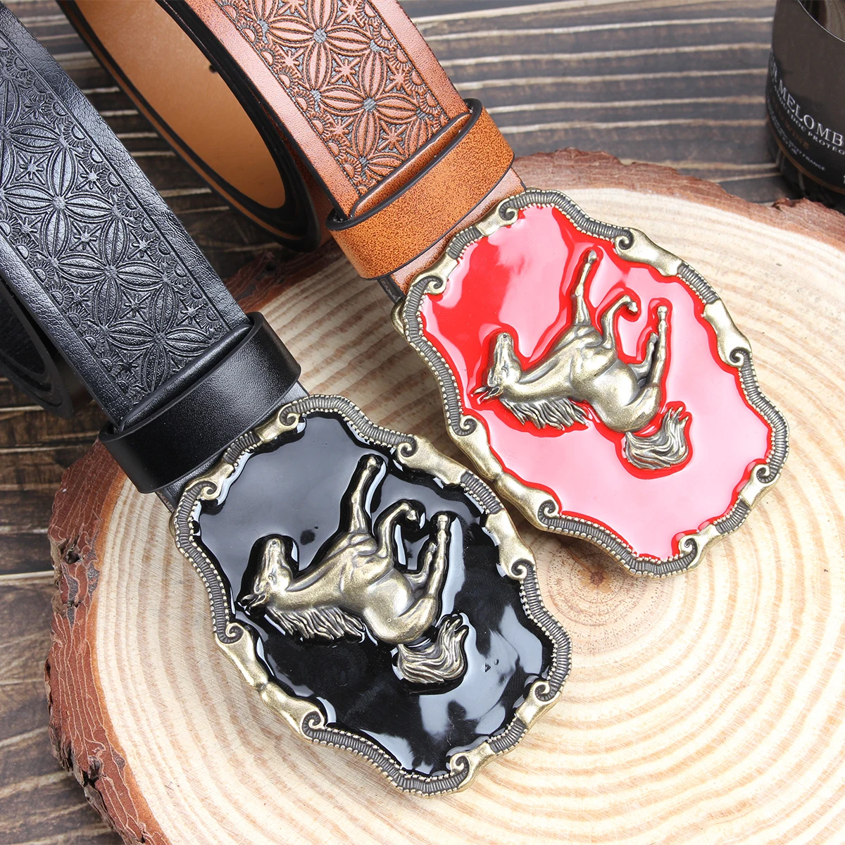 

Black faced, red faced,golden horse3.7cm wide men's and women's Western bull head denim style bull scalprendy belt smooth buckle