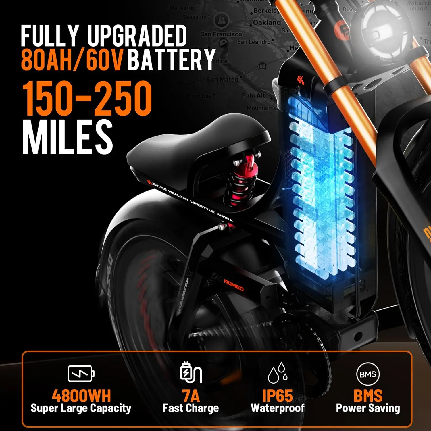 5600W Dual Motor Electric Mountain Bike, 50MPH 250+ Mile Range Ebike, 60V 80Ah 7-Speed Air Suspension 26x4 Fat Tire, Customized