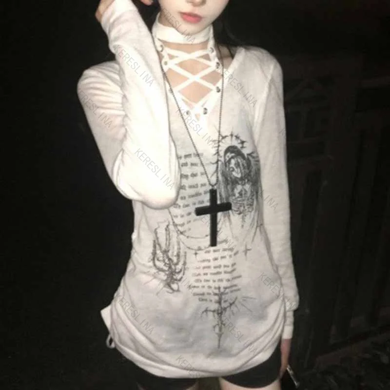 Y2K subculture dark gothic style hollow out strap long sleeved T-shirt summer retro high street micro transparent slim fit top