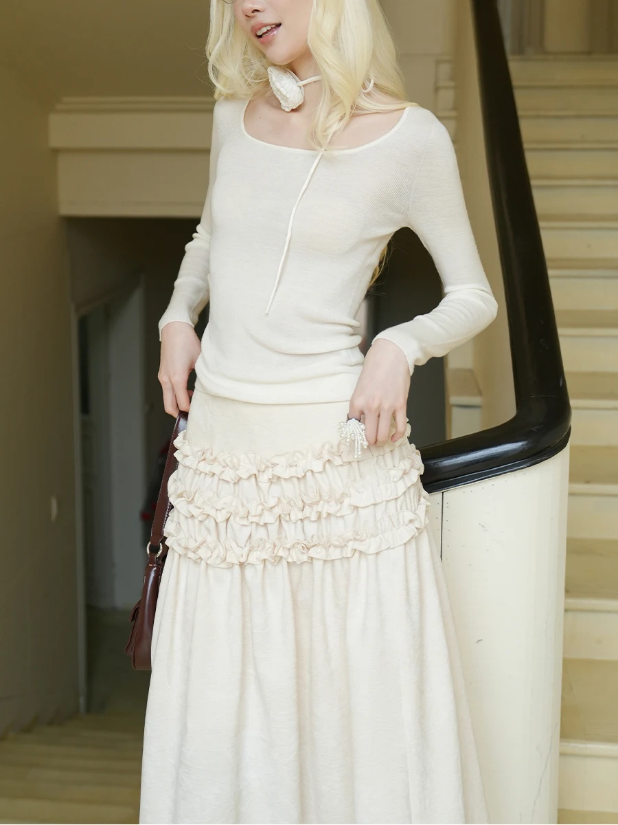 

Women's Sl Wool Sweater BYBYE Cloud Comfort Yangzi Yarn U-Ne Base irt Inner Wear Soft Long Sve Knitted Top