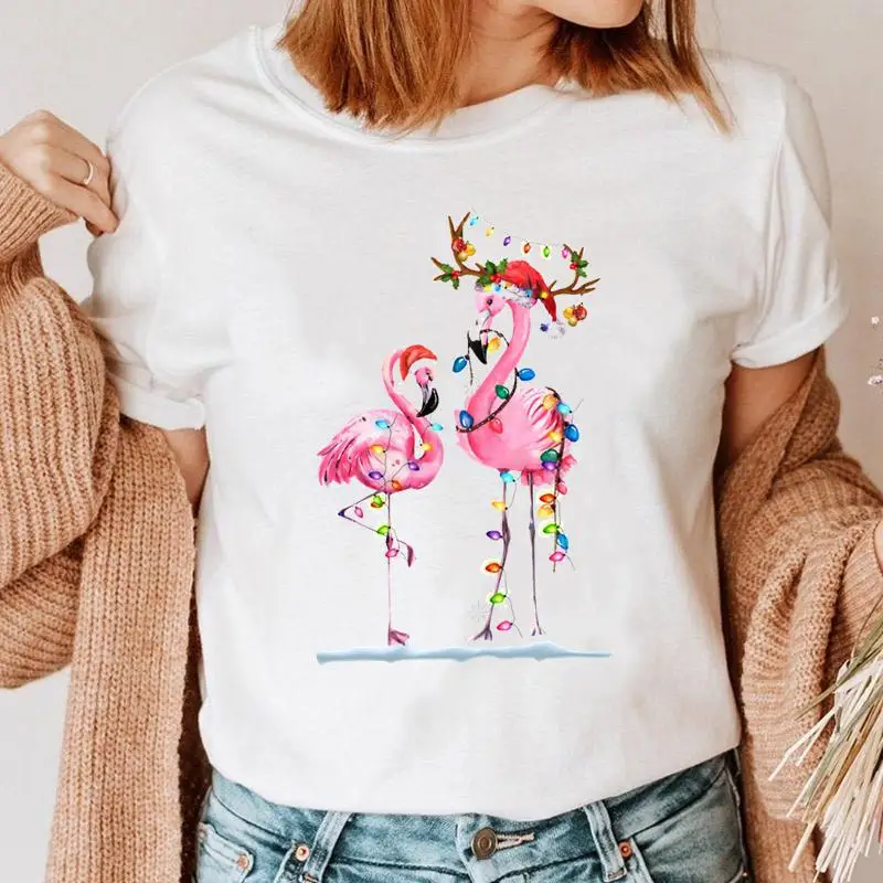 Christmas Flamingos T-shirt Men's and Women's Christmas Couples Short Sleeve Fashion Women's Wear Graphic T Shirts Women Clothes