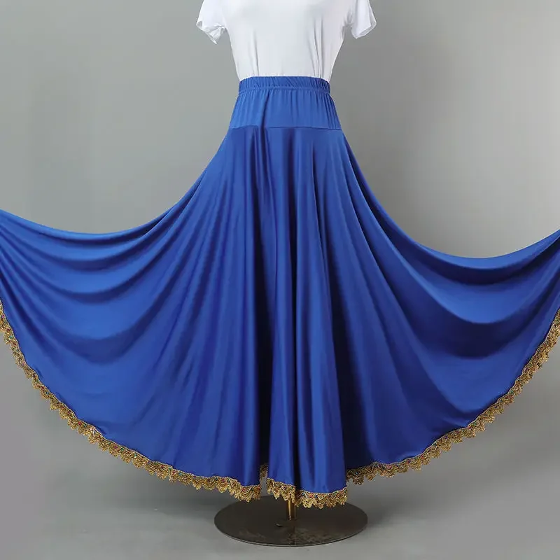 الذهب بوردي قاعة الرقص التنانير الطويلة عالية الخصر مطاطا حزام كشكش أداء زي المرأة الإسبانية الفلامنكو سوينغ تنورة #4