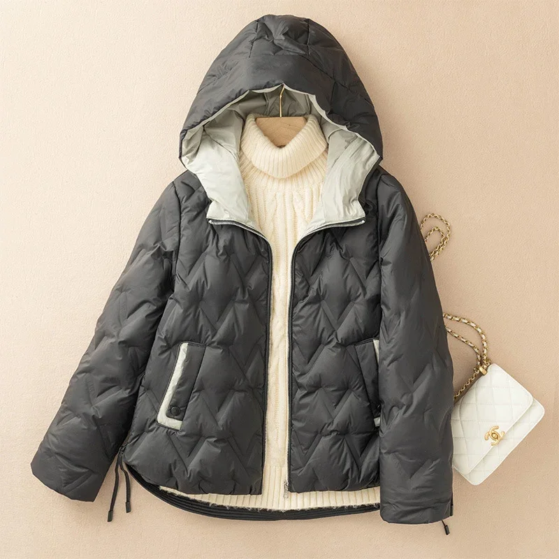 女性のカジュアルなパッチワークコート,フード付きトップス,白いダックダウンジャケット,秋冬アウター,新しいコレクション90%