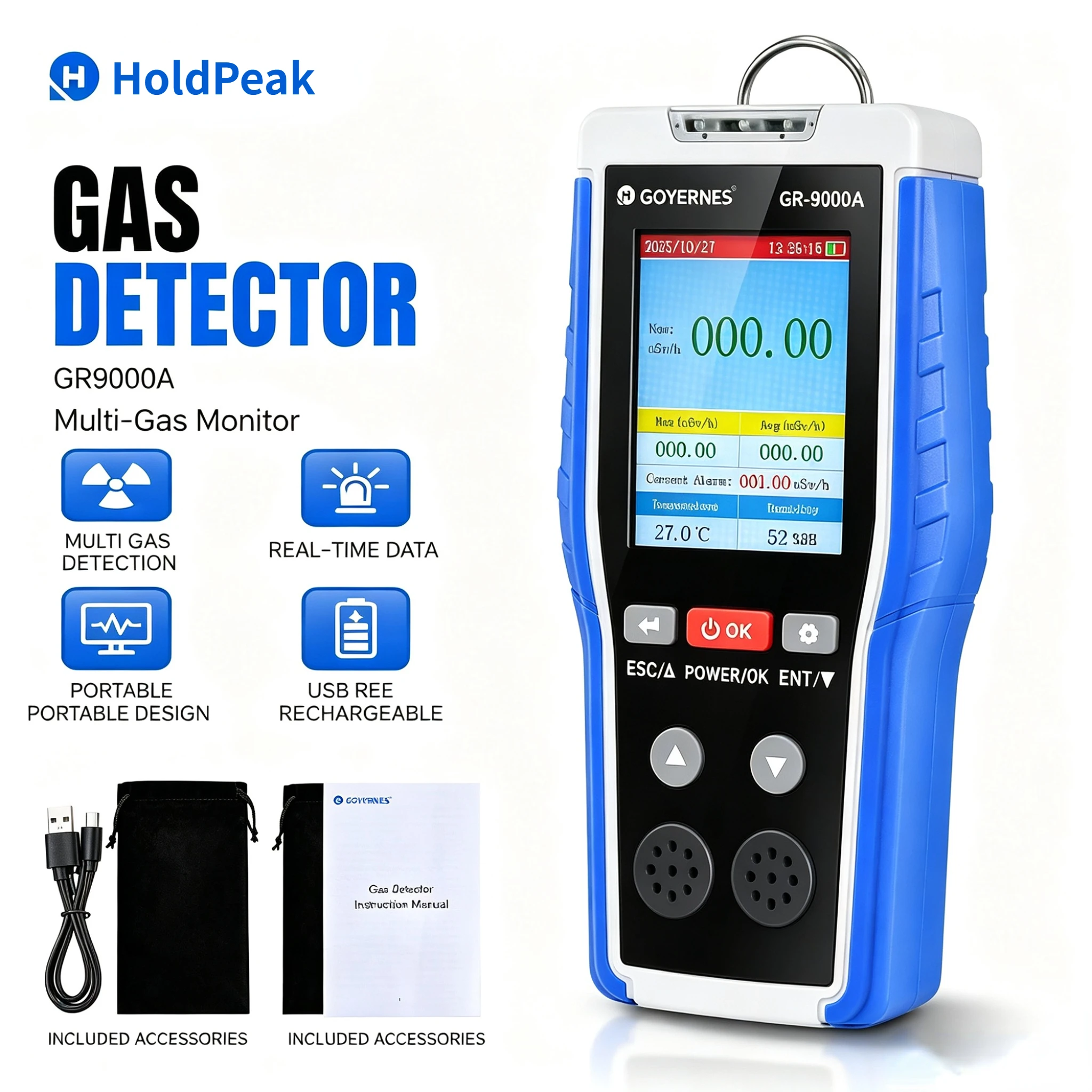 HoldPeak Nuclear Radiation Detector Geiger Counter Dosimeter βγX Ray 10mSv/h Vibration Alarm Temp Humidity Marble Detector