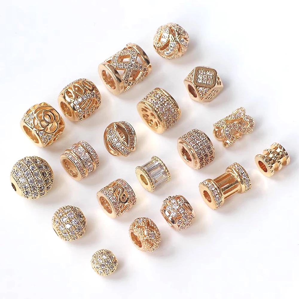 Copper Plated with Genuine Gold Zircon Inlay Retro Round Barrel Shaped Hollow Partition Beads DIY Jewelry Making Accessories