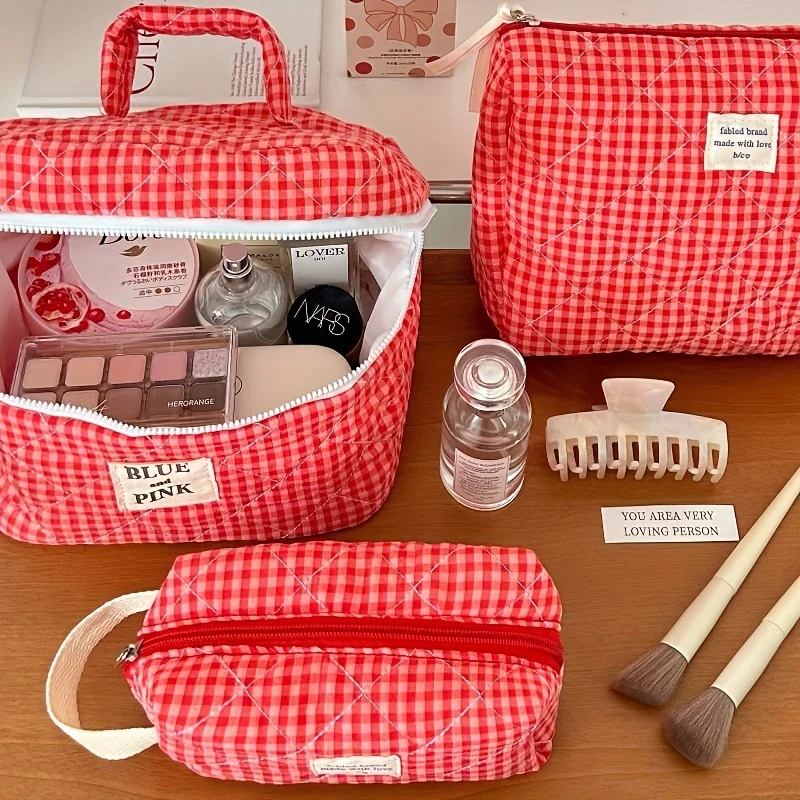 Women Quilted Plaid Makeup Bag, Travel Large Capacity Soft Cosmetic Organizer Pouch, Portable Toiletry Bags