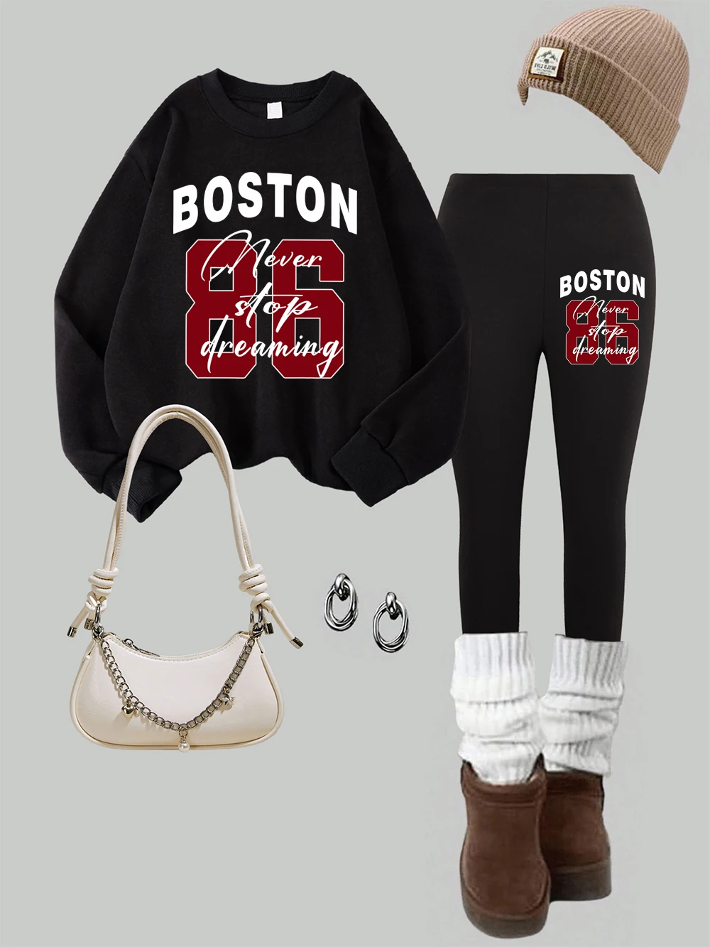 2 Piece Women Boston Never Stop Printing Sweatshirts Leggings Set Winter Fleece Warm Hoodie Pants Casual Womans Jogging Clothes